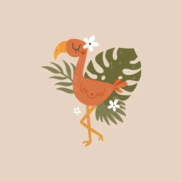 Vector illustration of cute pink flamingo and flowers