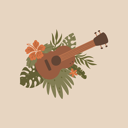 vector illustration of an ukulele guitar between palm leaves, tropical image, Hawaii inspired image