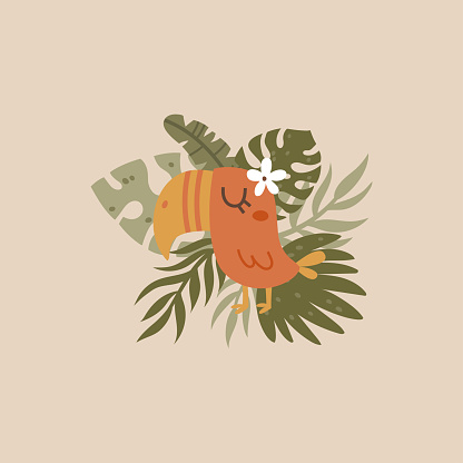 vector image of a cute pink parrot surrounded with palm leaves, travel composition, beige background