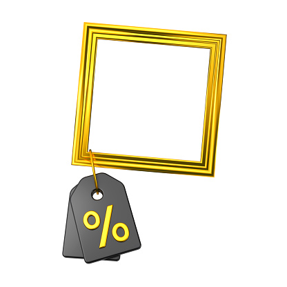 Gold frame with black discount tag for sales isolated. Offer promotion mockup. 3d rendering