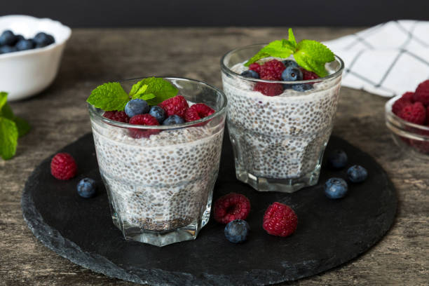 istock Healthy breakfast or morning with chia seeds vanilla pudding raspberry and blueberry berries on table background, vegetarian food, diet and health concept. Chia pudding with raspberry and blueberry 2045026938