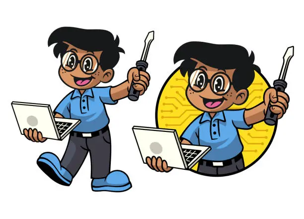 Vector illustration of Cartoon Computer Technician Boy Mascot