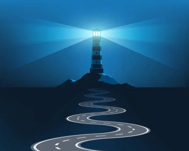 Vector illustration of Winding road leads to the lighthouse