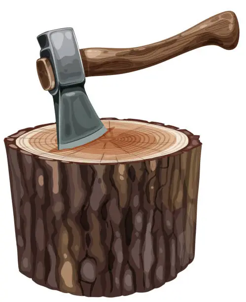 Vector illustration of Vector illustration of an axe stuck in wood.