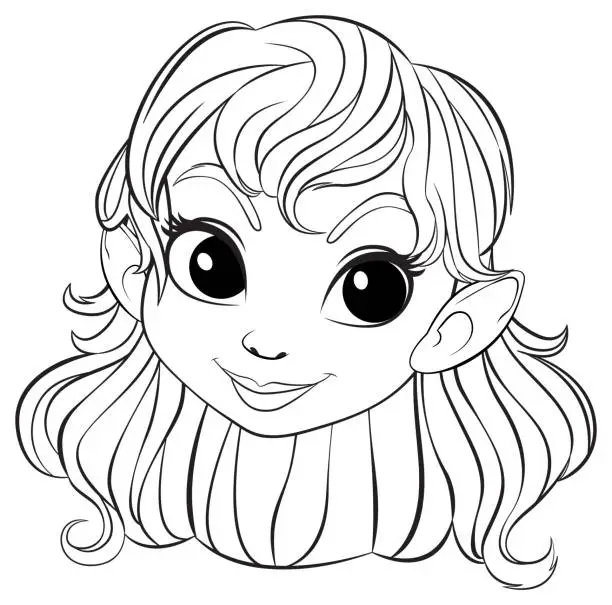 Vector illustration of Black and white line art of a cute elf girl.
