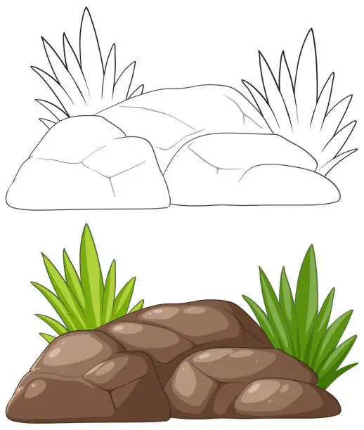 Vector illustration of Stylized rocks and plants in a tranquil setting