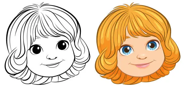 Vector illustration of Black and white and colored cartoon girl faces.