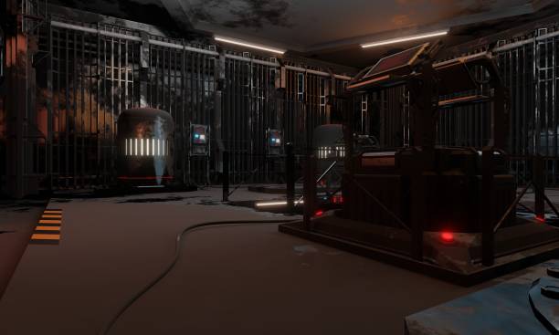istock Science fiction abandoned research room in dark scene 2045048678