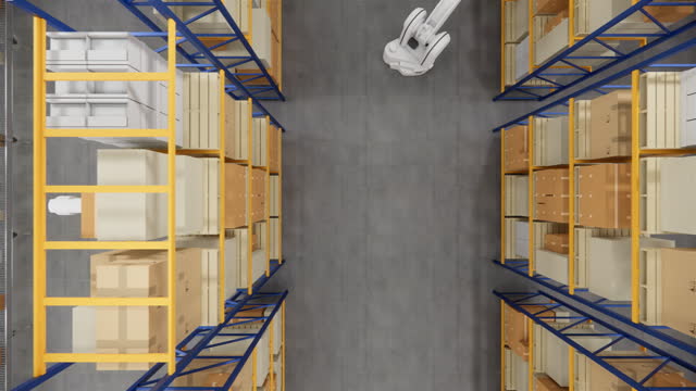 These robot arms are typically programmed to execute specific commands, such as relocating items from one point to another or organizing goods within the warehouse.