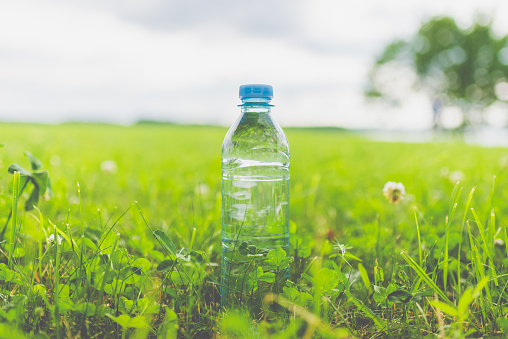 Plastic Bottle with fresh transparent water on green grass on sunny summer day.Nature texture, green blurred background, wallpaper.