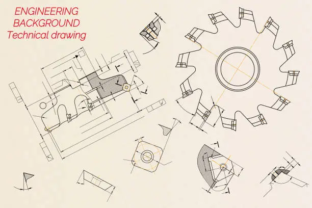 Vector illustration of Mechanical engineering drawings on beige technical paper background. Cutting tools, milling cutter. Industrial Design. Cover. Blueprint. Business business. Vector illustration.