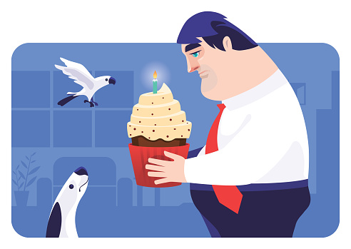 vector illustration of happy senior man holding cupcake with pets