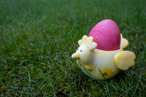 pink colored easter egg in the chicken shape ceramic holder on green background. Happy Easter. He is risen