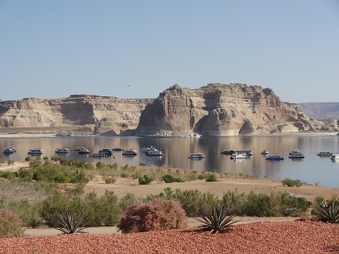 A view on Lake Powell with nature and boats. This is an artificial reservoir on the Colorado River in Utah and Arizona