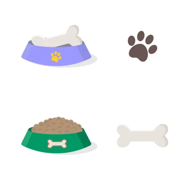 Vector illustration of Dog bowl, dog bone, paw, vector, transparent background