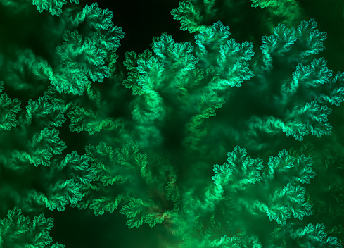 Bioluminescent plants or seaweed. Abstract green fractal art background.