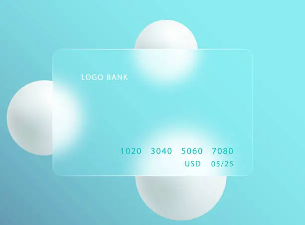 Vector illustration of Glass morphism landing page with bank transparent card. Vector illustration with blurry floating spheres in white.