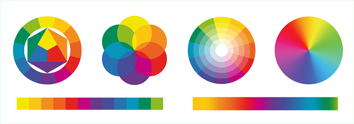 Color scheme. Subtractive and additive models Color wheels. Education concept color theory learning.
