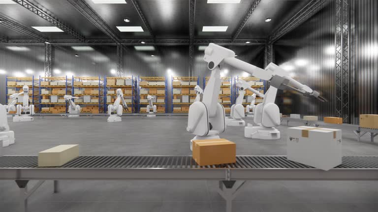 These robot arms are typically programmed to execute specific commands, such as relocating items from one point to another or organizing goods within the warehouse.