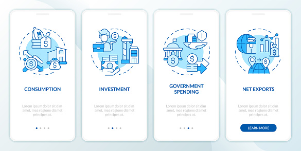 Socioeconomic financial statements blue onboarding mobile app screen. Walkthrough 4 steps editable graphic instructions with linear concepts. UI, UX, GUI template. Myriad Pro-Bold, Regular fonts used