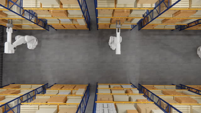 These robot arms are typically programmed to execute specific commands, such as relocating items from one point to another or organizing goods within the warehouse.