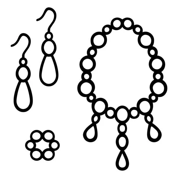 Vector illustration of Set of decorations. Sketch. Collection of illustrations. Bracelet, necklace, earrings.