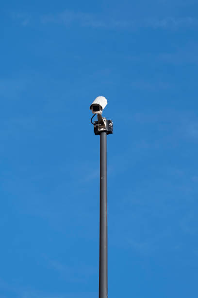 Security camera on the public road. Video surveillance.Surveillance with security cameras on the street for the safety of citizens.