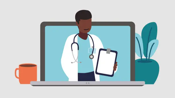 Vector illustration of Vector illustration of a male doctor with a stethoscope holding a medical record on a laptop screen – health concept