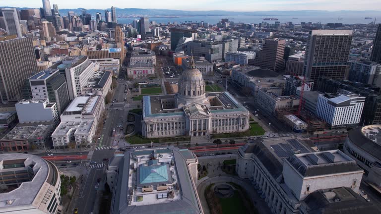 Drone Shot of San Francisco City Hall, Superior Courthouse, Civic Center Plaza and Downtown Buildings, California USA