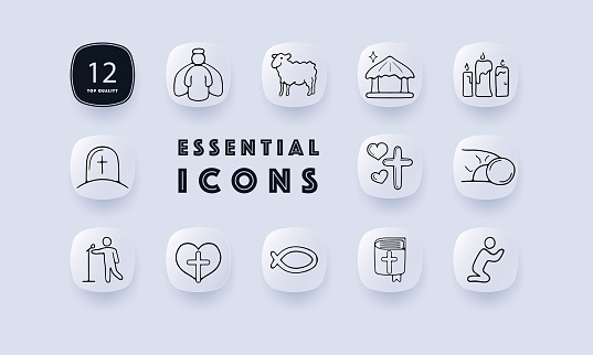 Christianity set line icon. Sermon, soul, communion, bible, flock, religion, bread, wine, tombstone. Neomorphism style. Vector line icon for business and advertising