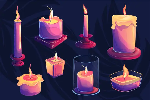 Vector illustration of Set of glowing candles with flame in cartoon style. Magic candlelight and purple colors. Decoration for wellness and spa.