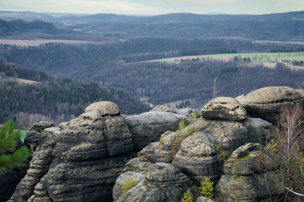 istock View from Pfaffenstein in black and white. Forests, mountains, vastness, panorama 2045234600