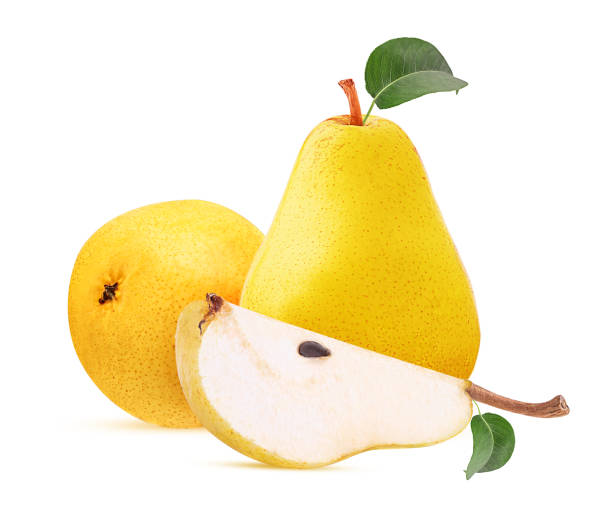 istock Fresh yellow pears one slice with green leaf 2045240496