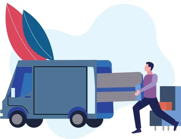Vector illustration of The boy is loading the sofa into the truck.