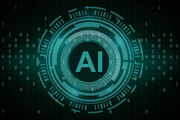 Vector illustration of Artificial intelligence. AI text in center and moving blue waves. Machine learning and data analytics