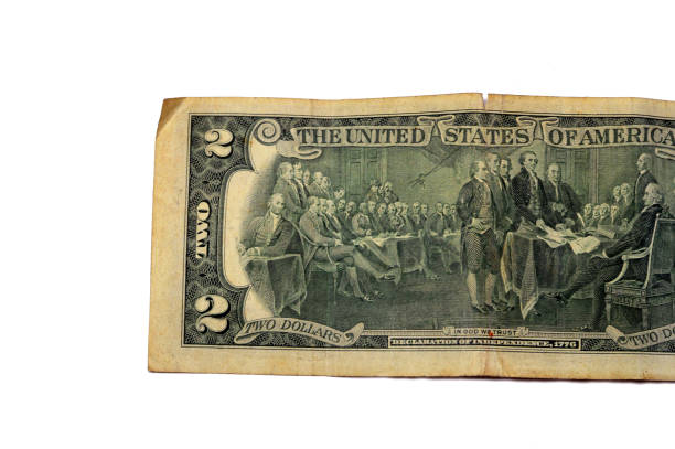 The reverse side of 2 two dollars bill banknote series 1976 with Trumbull's declaration of independence, old American money banknote, vintage retro, United States of America