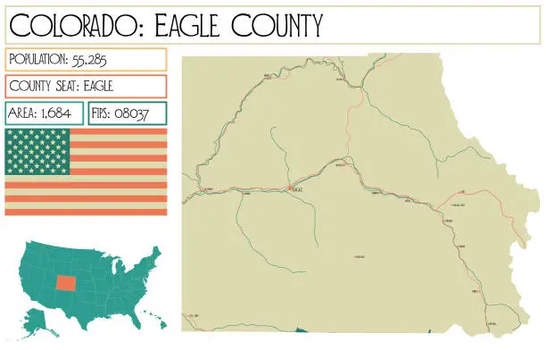 Vector illustration of Large and detailed map of Eagle County in Colorado USA.