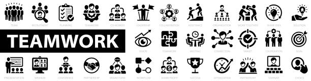 Simple linear icons in a modern style flat Teamwork icon set. Business icons.Work group and human resources flat icon. Co-worker, cooperation and collaboration icons. Vector illustration. project team icon stock illustrations