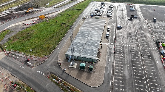 Aerial view of a commercial business parking lot