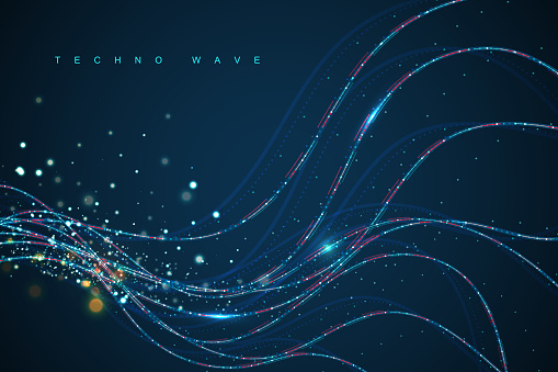 Dynamic blue particle wave. Abstract sound visualization. Digital structure of the wave flow of luminous particles. stock illustration