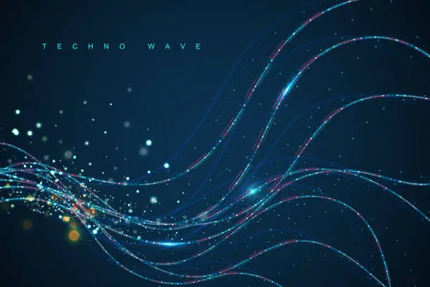 Vector illustration of Smooth wave of smoke particles, big data techno background with glowing dots