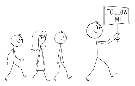 Leader walking with follow me sign, people are following, vector cartoon stick figure or character illustration.
