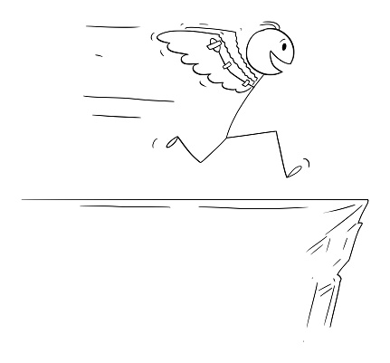 Person or businessman with wigs is trying to fly, vector cartoon stick figure or character illustration.