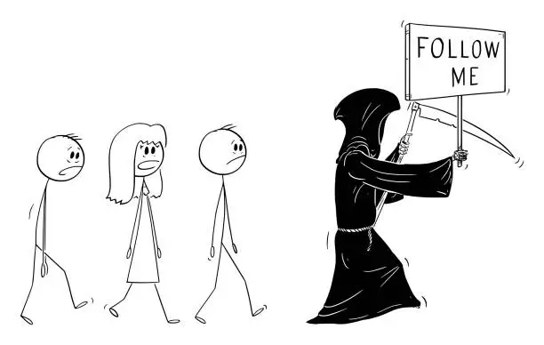 Vector illustration of Death or Grim Reaper Walking With Follow Me Sign, Vector Cartoon Stick Figure Illustration