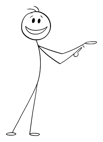 Smiling Businessman or person showing or presenting something laid on his hand palm, vector cartoon stick figure or character illustration.