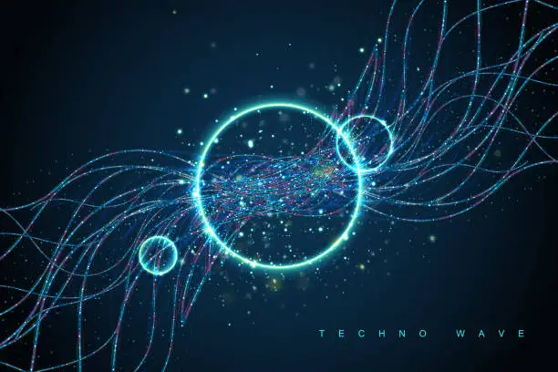 Vector illustration of Smooth wave of smoke particles, big data techno background with glowing dots