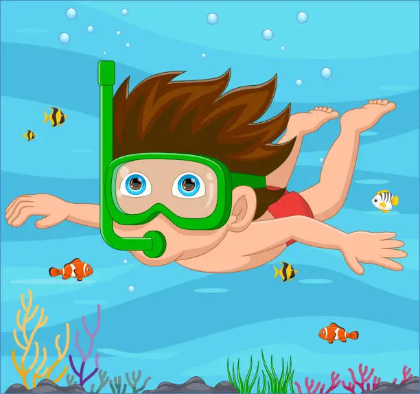 Vector illustration of Cartoon little boy diving in underwater sea