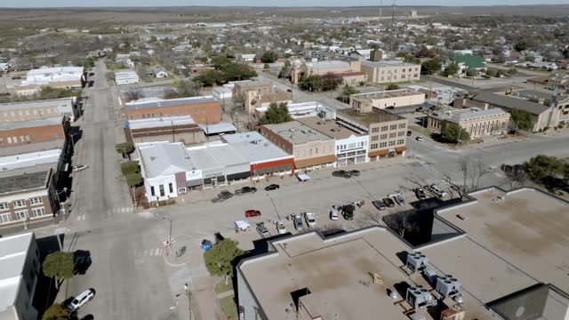 Downtown Sweetwater, Texas with drone video moving in.