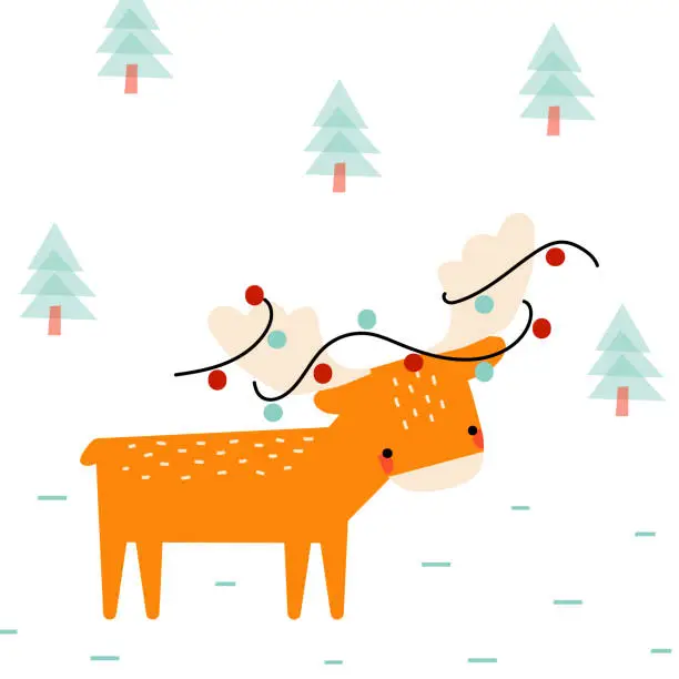 Vector illustration of Winter illustration of a cute deer with garlands in a snowy forest.