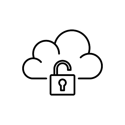 Cloud service icon vector illustration. Cloud with open padlock on isolated background. Cloud network protection sign concept.